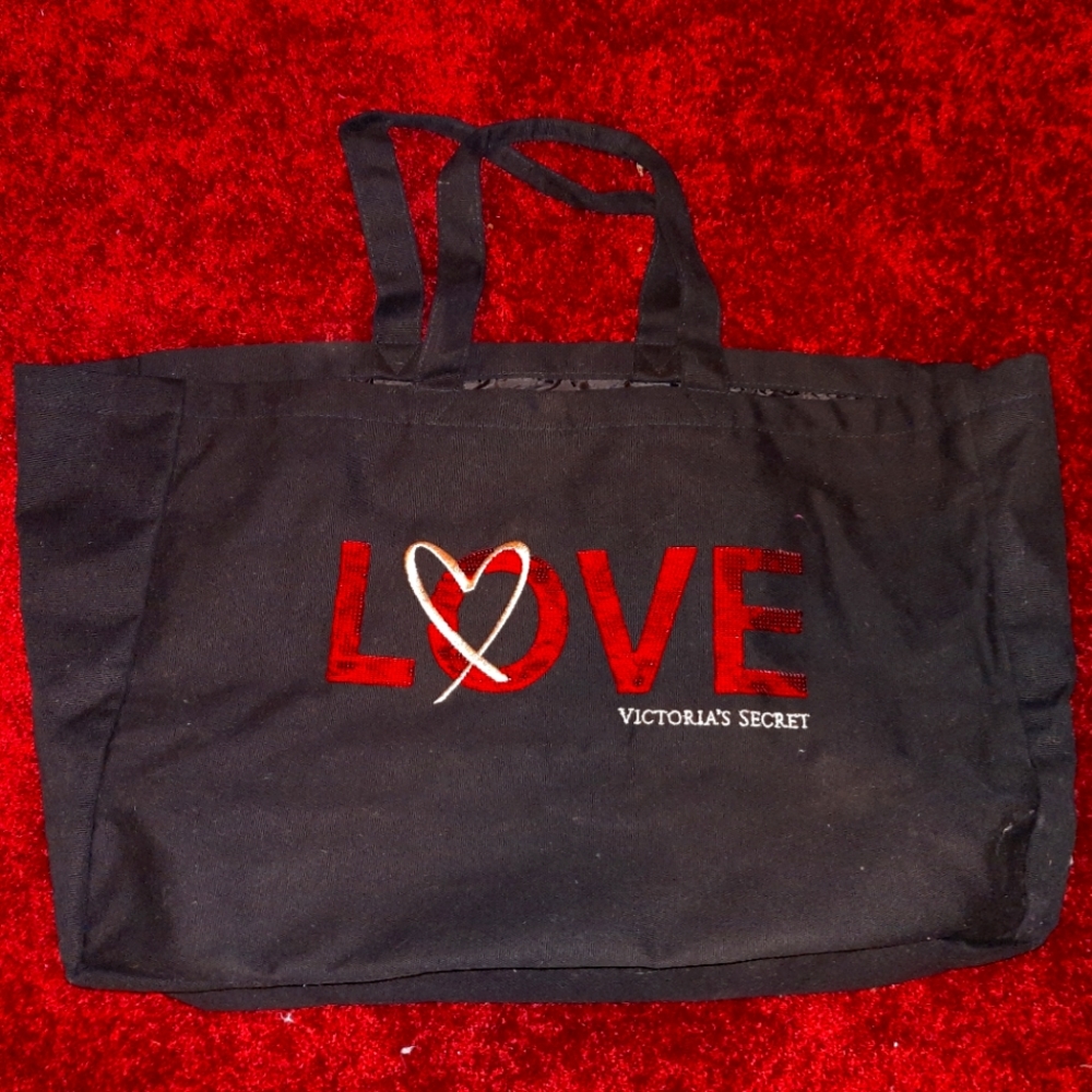 2018 VICTORIA'S SECRET LOVE TOTE BAG BLACK GOLD RED Valentine25” long 14” tall